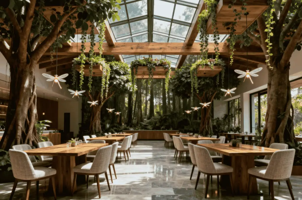 Restaurant interior with mature trees growing through the floor toward a glass ceiling, blending natural forest elements with modern architecture in a biophilic dining design.