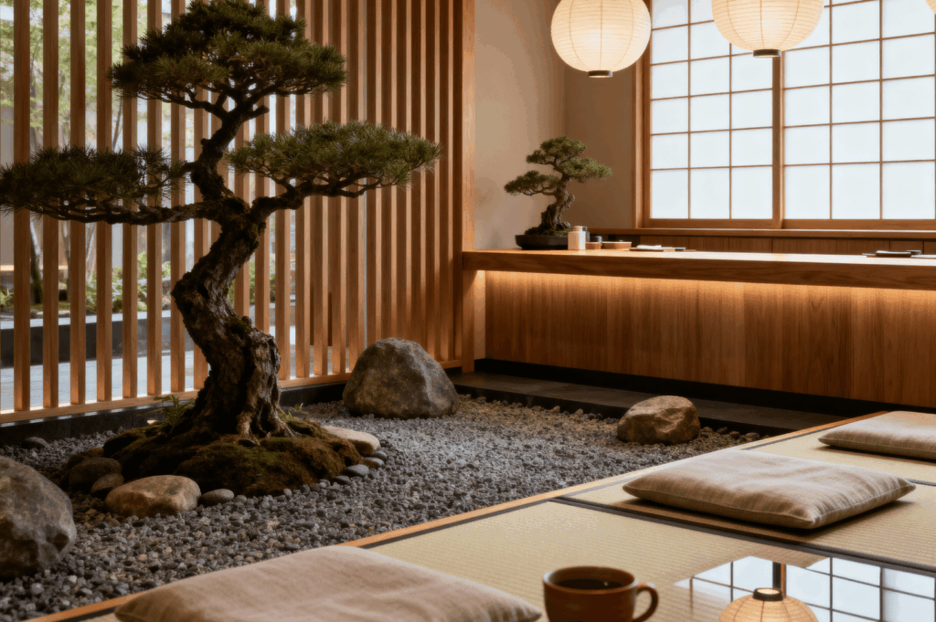 Japanese-inspired restaurant interior with tatami mats, shoji screens, and a central Zen garden featuring a bonsai tree, illustrating minimalist biophilic dining design.