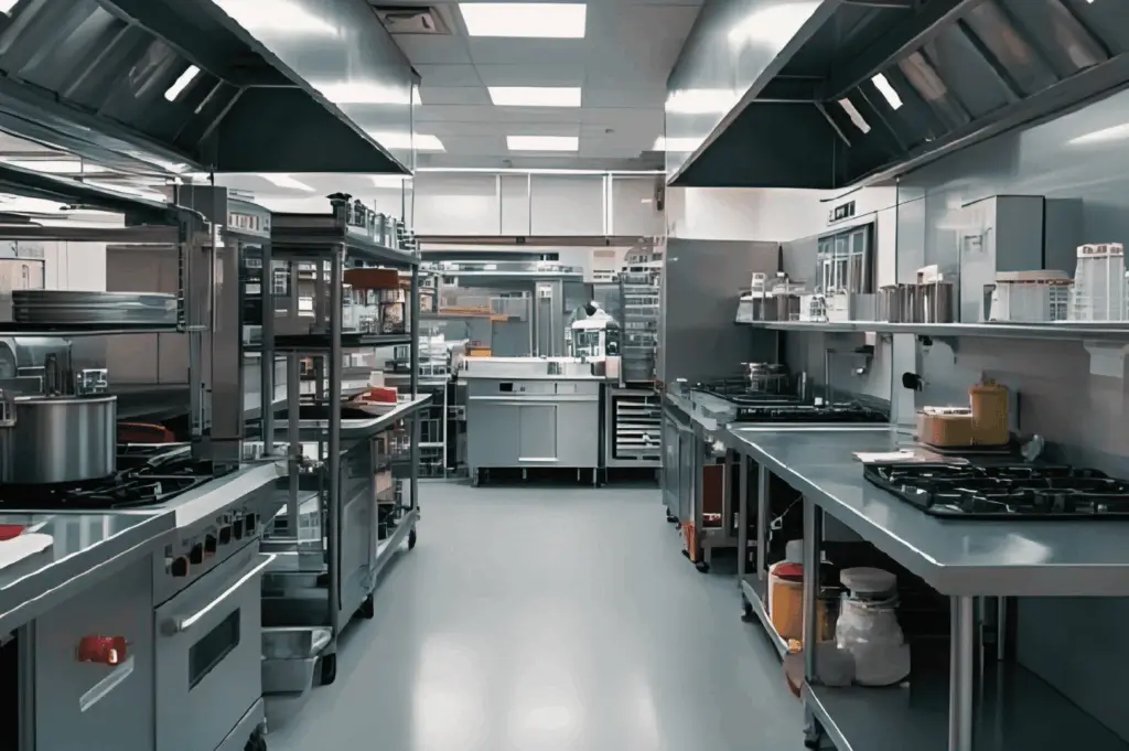 Wide view of a modern commercial kitchen in Singapore with stainless steel counters, ovens, and organized shelving, showing a clear walkway for safe, efficient movement.