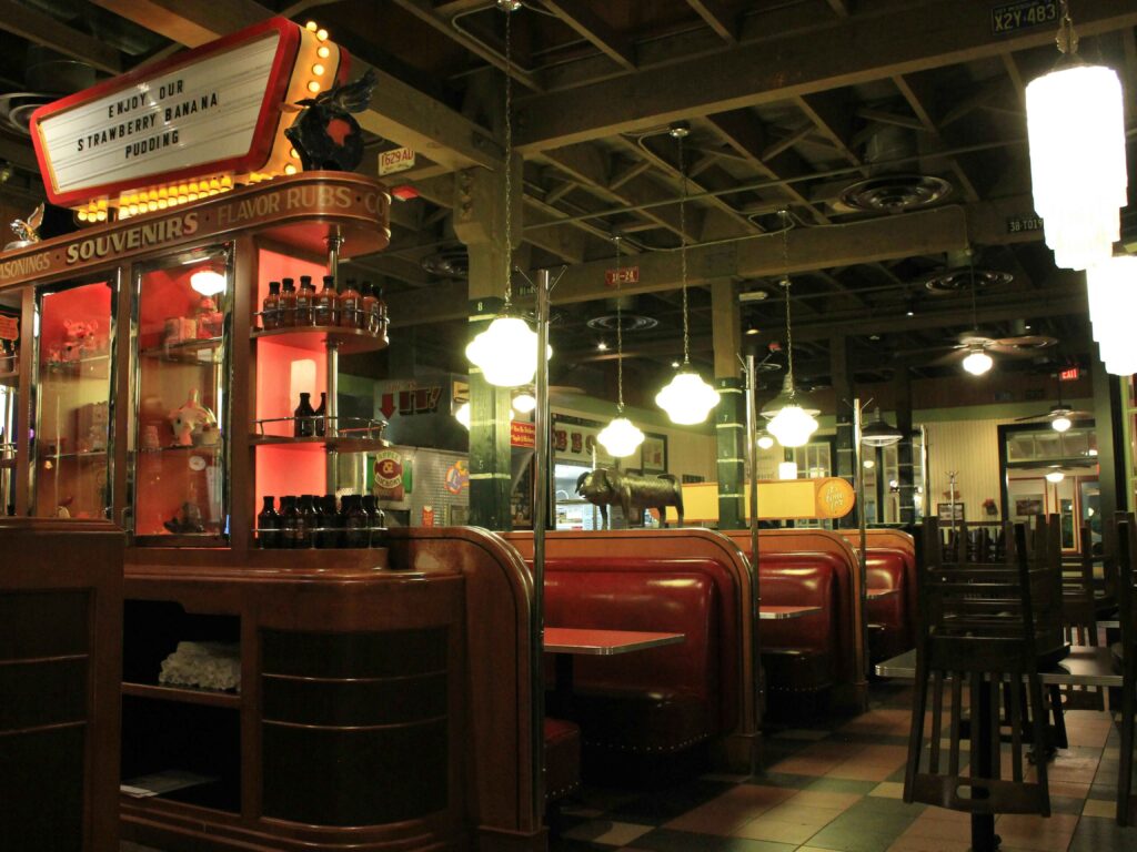A dining area lit with warm lights, perfect for an intimate atmosphere.