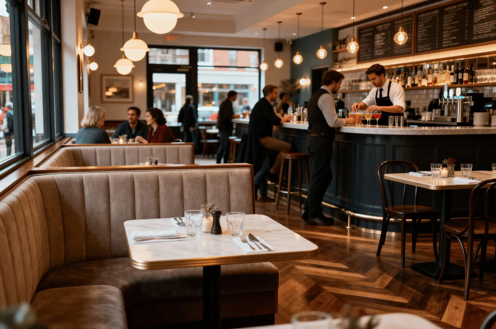 Upscale restaurant interior showcasing high-ROI renovations like herringbone wood flooring, marble tabletops, ambient globe lighting, and a well-designed bar—elements that elevate guest experience and drive return on investment.