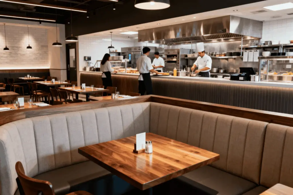 Open-kitchen restaurant interior featuring warm wood finishes, ambient pendant lighting, and visible chef activity—highlighting renovation choices that enhance transparency, comfort, and customer engagement for strong ROI.