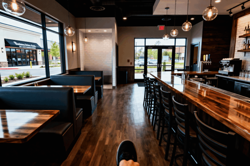 Modern café-style restaurant with sleek wood finishes, pendant lighting, and a polished bar—showcasing renovation elements like booth and bar seating, natural light, and open layout that contribute to high ROI in hospitality design.