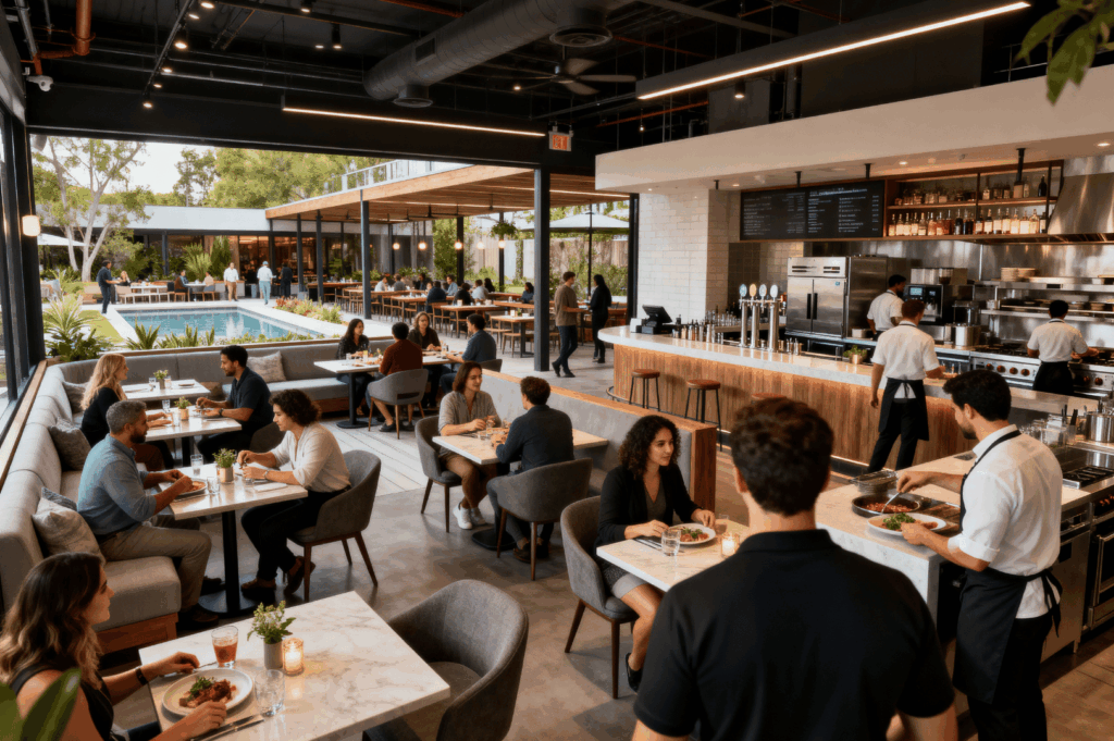 Upscale restaurant with open kitchen, marble tables, and lush outdoor views—demonstrating high-ROI renovations that blend culinary transparency, elegant design, and guest comfort to elevate the dining experience.