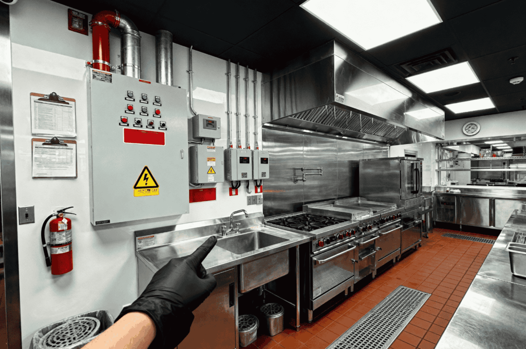 Commercial kitchen with stainless steel appliances, red tile flooring, and visible safety features—illustrating high-ROI renovations that prioritize durability, hygiene, and operational efficiency in restaurant design.