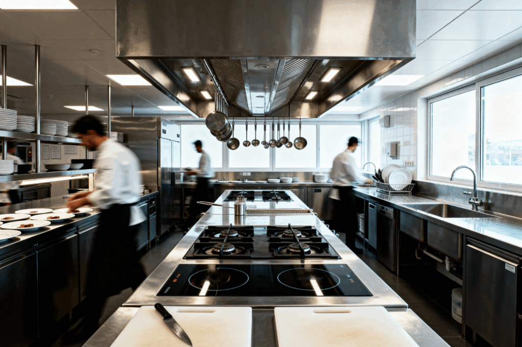 Efficiently designed commercial kitchen in Singapore with stainless steel surfaces, open shelving, and natural light. Three chefs work in harmony across compact stations—plating, rinsing, and prepping—showcasing how smart layout and multitasking zones can boost productivity in limited space.