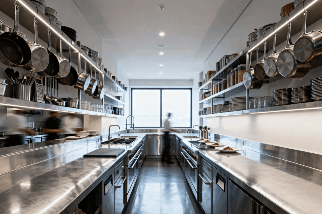 Streamlined professional kitchen in Singapore with parallel stainless steel counters, open shelving, and hanging cookware. Motion-blurred chefs work swiftly under recessed lighting and natural daylight, illustrating how spatial symmetry and ergonomic design enable high-volume output in compact culinary environments.