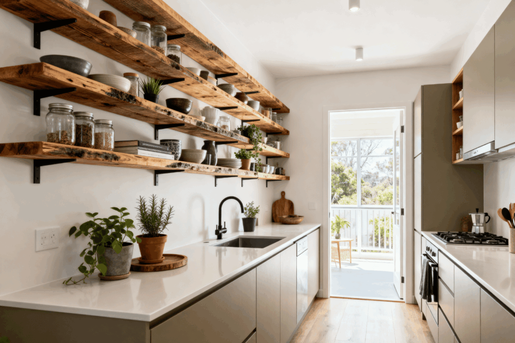 Minimalist Singapore kitchen with light-toned cabinetry, white countertops, and open wooden shelving displaying grains, ceramics, and greenery. Natural light pours in through a rear door, illuminating a compact layout that blends aesthetic warmth with functional efficiency—ideal for small-space culinary living.