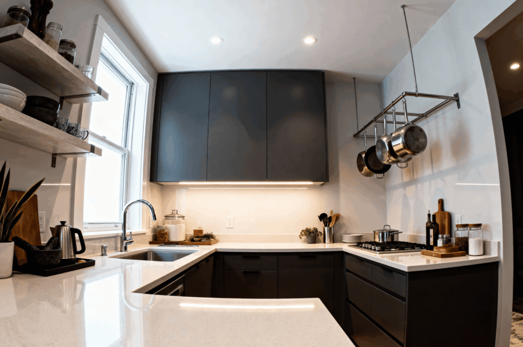 Contemporary U-shaped kitchen in Singapore with dark cabinetry, white countertops, and open shelving. A large window above the sink floods the space with natural light, while hanging racks and compact work zones showcase how layered vertical storage and efficient layout can enhance productivity in small kitchen footprints.