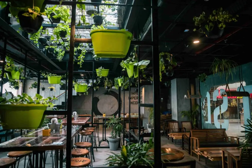 A restaurant with minimal lighting, showcasing its use of natural light.