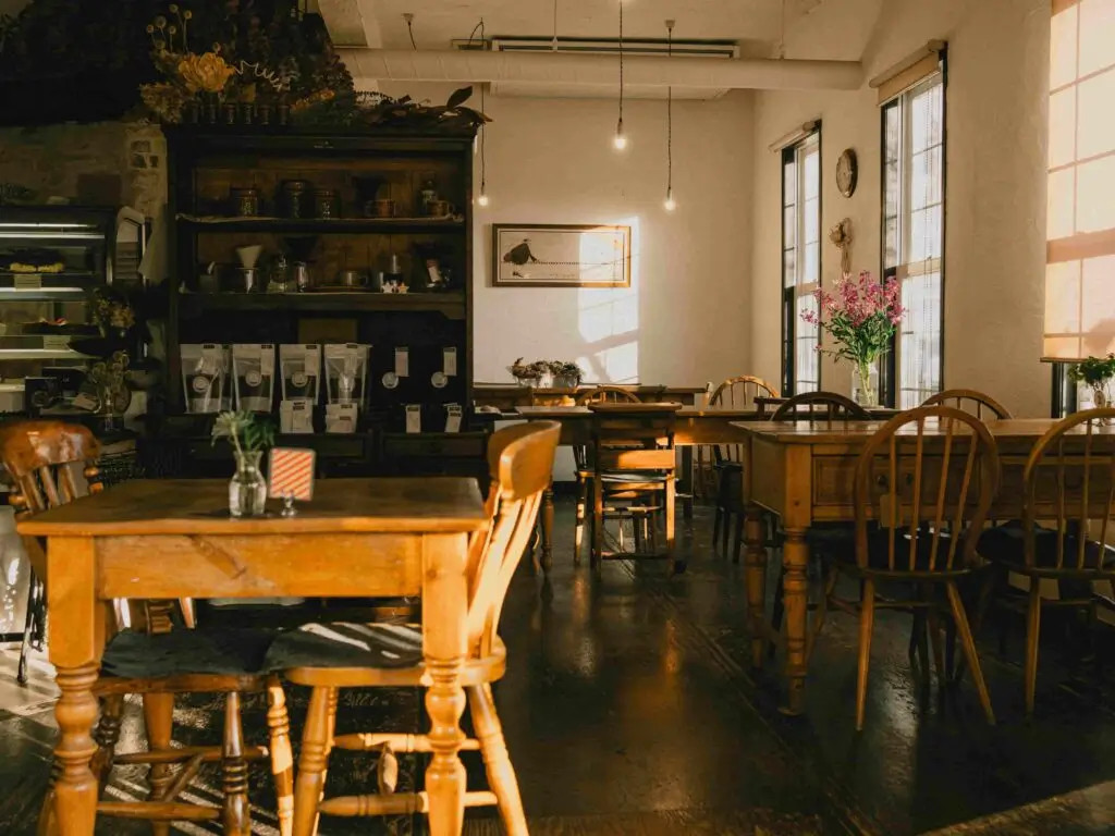 A restaurant decorated with magnificent pieces of woodwork.