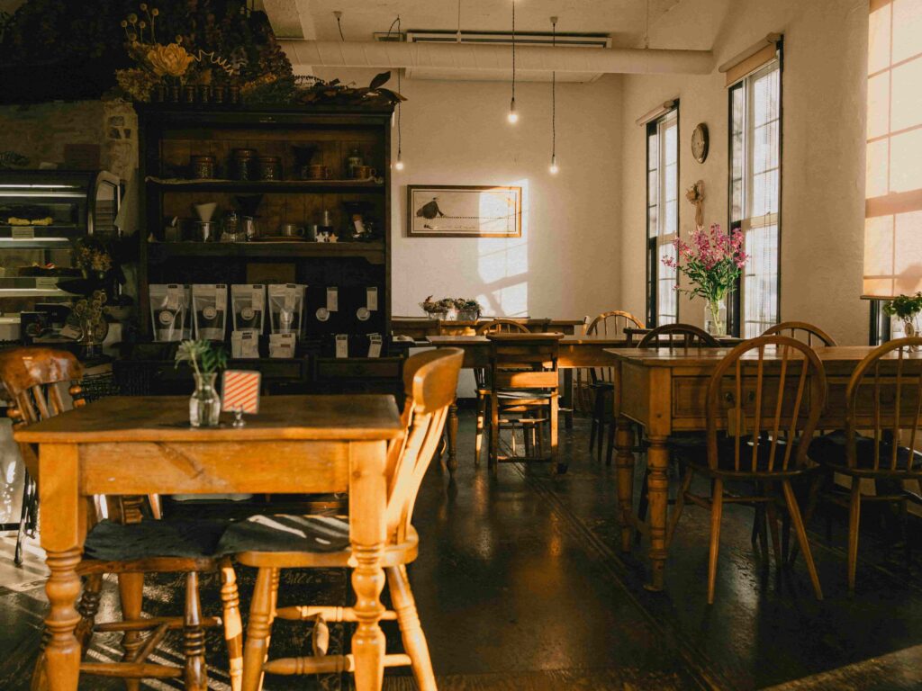 A restaurant decorated with magnificent pieces of woodwork.