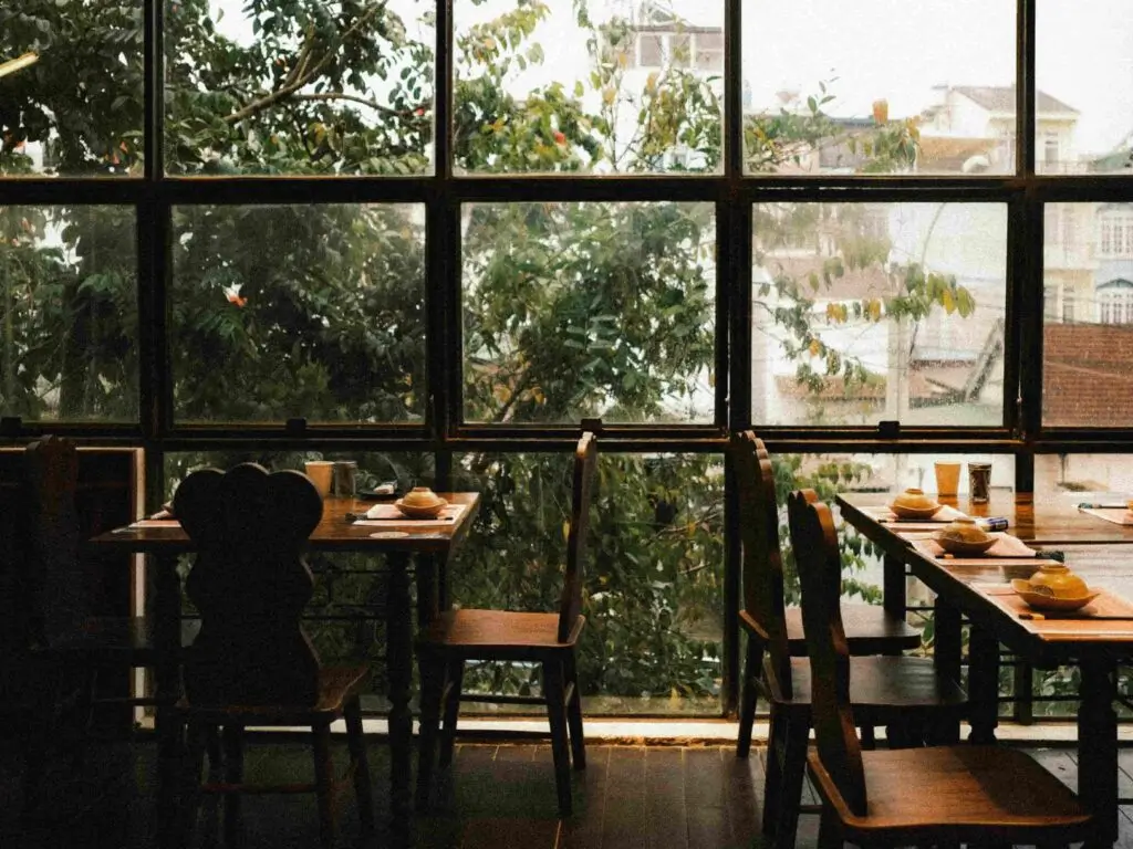 A restaurant with a simple yet aesthetically pleasing design and atmosphere.