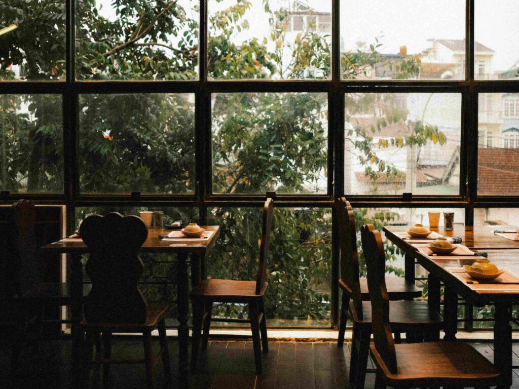 A restaurant with a simple yet aesthetically pleasing design and atmosphere.