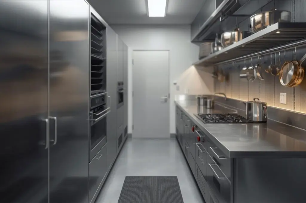 A narrow, galley-style commercial kitchen aisle featuring stainless steel appliances, a gas range, and wall-mounted hanging pot racks.