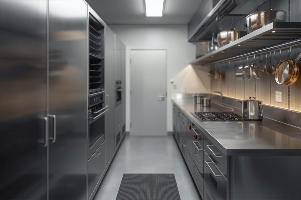 A narrow, galley-style commercial kitchen aisle featuring stainless steel appliances, a gas range, and wall-mounted hanging pot racks.