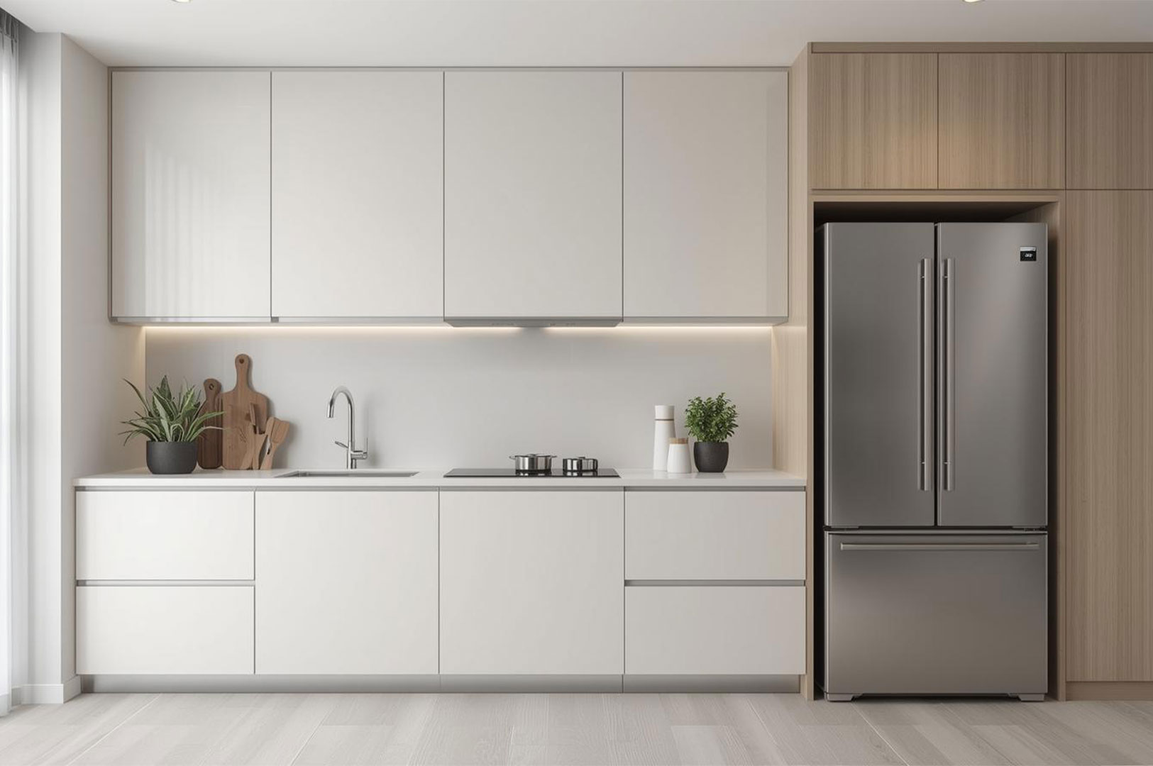 A sleek, modern kitchen design featuring flat-panel white upper cabinets, light wood vertical paneling, and a stainless steel French-door refrigerator.