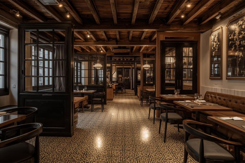 An atmospheric, upscale restaurant interior featuring dark wood ceiling beams, intricate patterned tile flooring, booth seating, and warm, dim lighting.