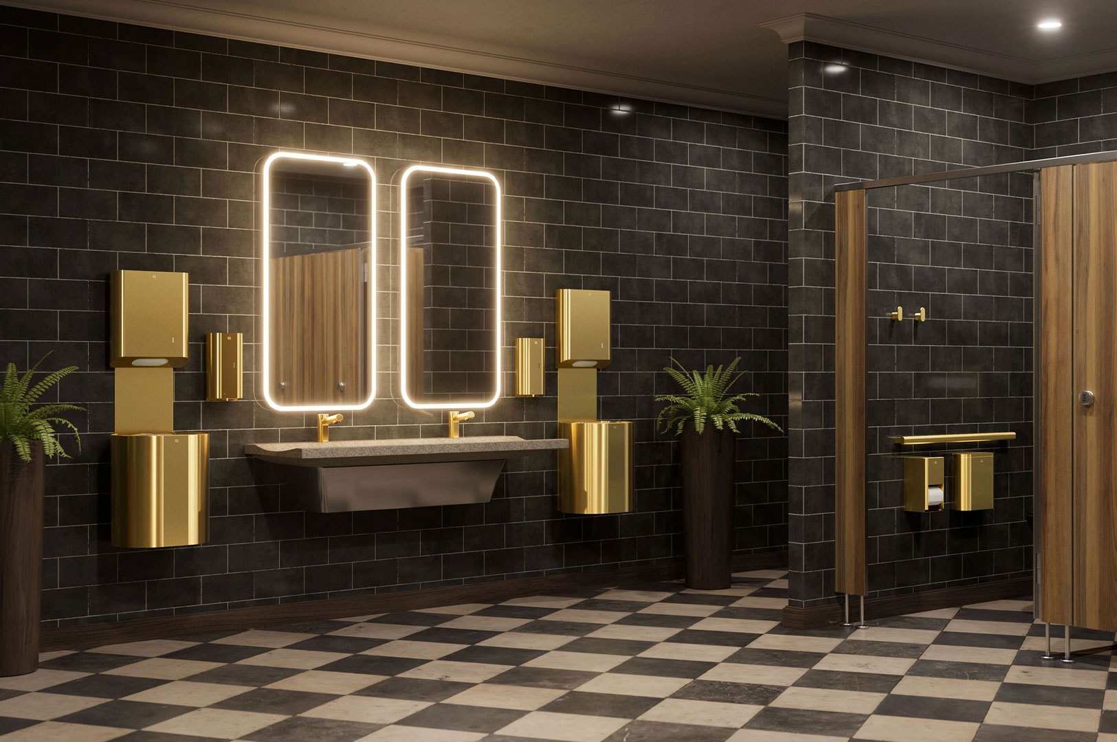Upscale commercial restroom design featuring black subway tiles, gold dispensers and fixtures, backlit mirrors, and a classic checkerboard floor.