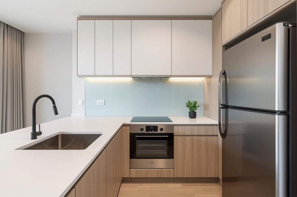 An L-shaped kitchen workspace showcasing light wood lower cabinets, a built-in oven, a modern black high-arc faucet, and a light blue glass backsplash.