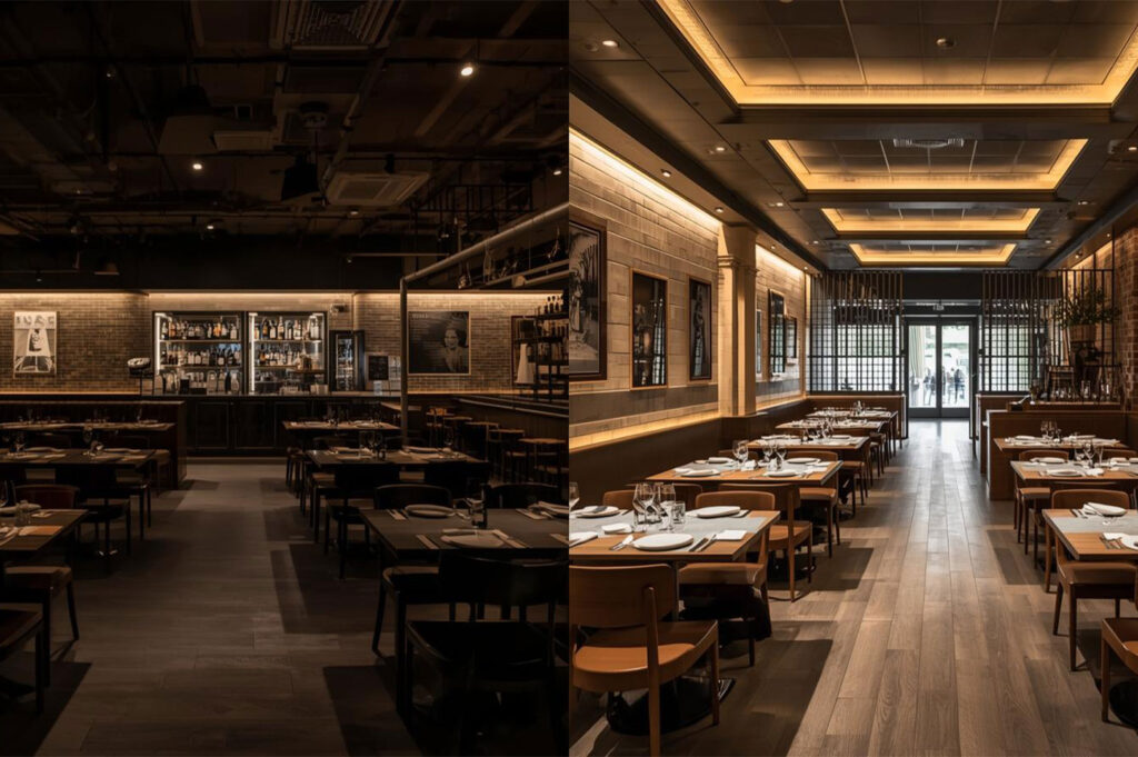 Before and after image of a modern restaurant lighting design, showing a dark, moody interior next to a bright, well-lit space with brick walls.