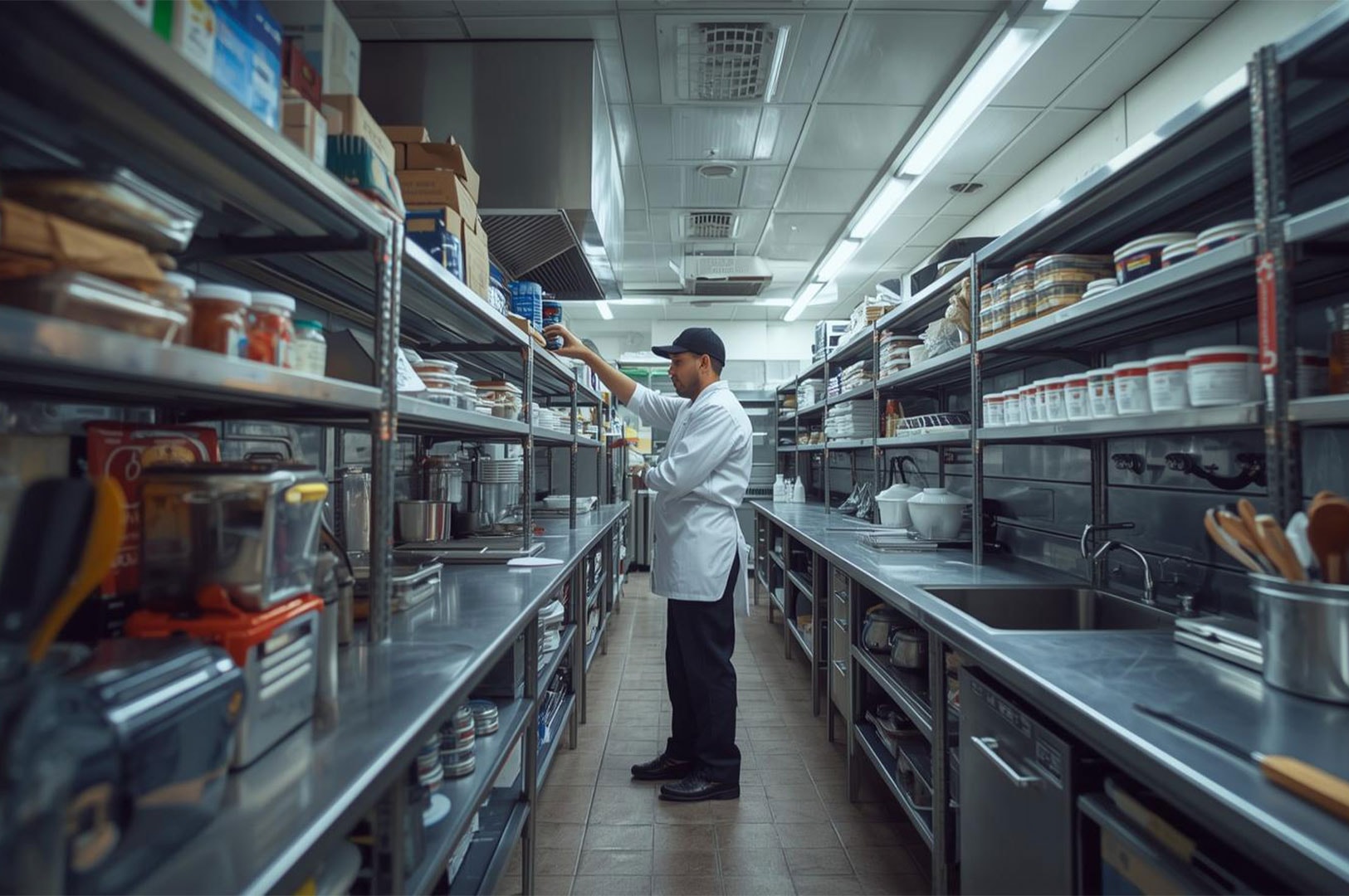 Chef in a white uniform and black cap organizing inventory on long stainless steel shelves in a well-lit commercial kitchen.