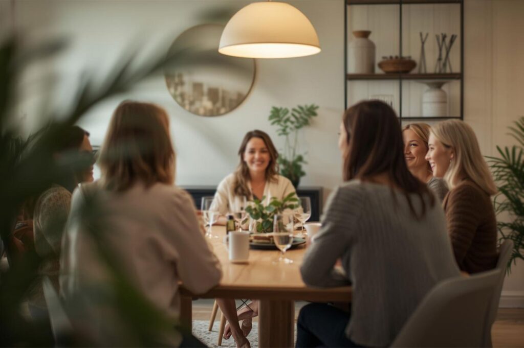 A group of women smiling and engaged in conversation while sitting around a dining table during a casual lunch or social gathering.