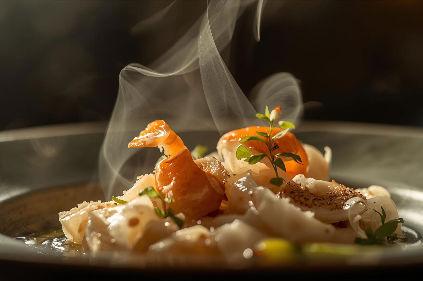 A close-up, artistic shot of a gourmet seafood dish featuring shrimp and squid with steam rising, plated elegantly with fresh garnish in a dark, moody fine dining setting.