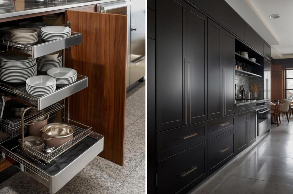 Close-up of a modern kitchen cabinet's corner pull-out shelving system with stacks of plates and cooking pots, featuring a dark wood door.