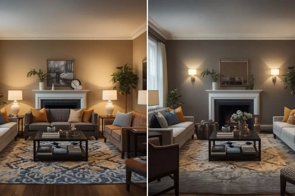 Side-by-side comparison of living room lighting: the left shows warm, amber light, and the right shows bright, cool-toned lighting over a fireplace and couch.