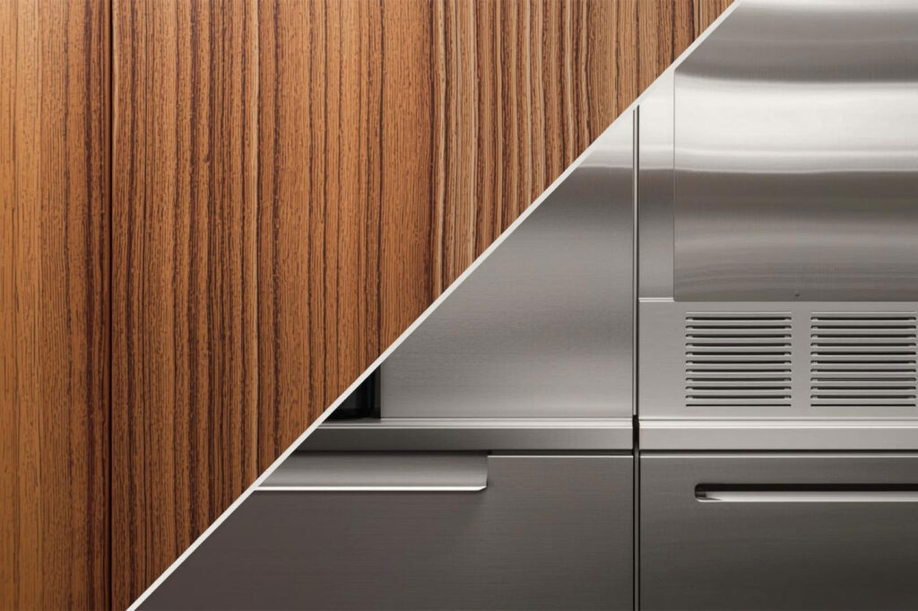 A close-up texture comparison showing vertical wood grain finishing on the left and a brushed stainless steel appliance surface on the right.