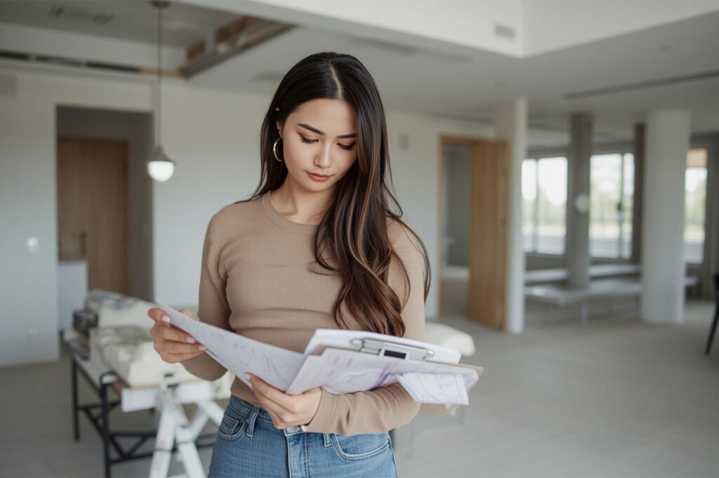 Professional female architect or interior designer examining architectural blueprints and construction documents in a bright, unfurnished room.