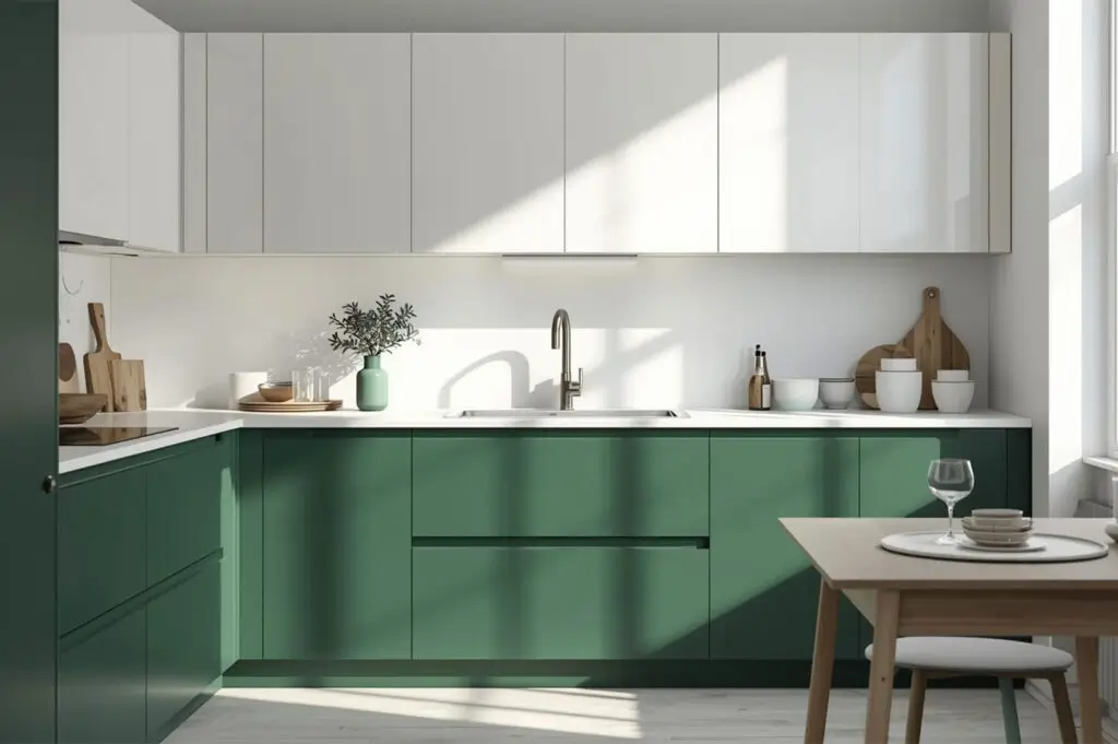 A sunlit modern kitchen featuring matte green lower cabinets, white upper cabinets, and a wooden dining table set in a bright, airy space.