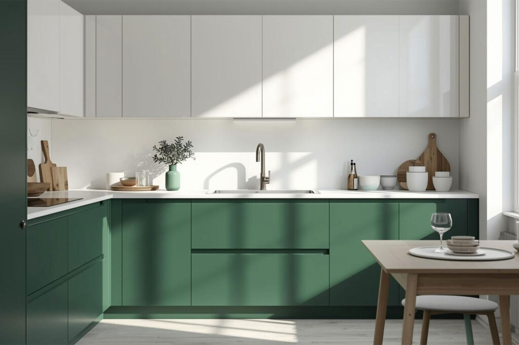 A sunlit modern kitchen featuring matte green lower cabinets, white upper cabinets, and a wooden dining table set in a bright, airy space.