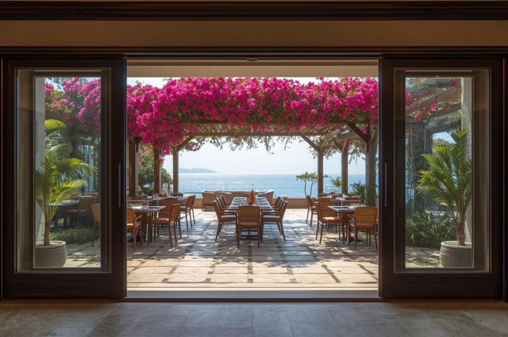 View through open sliding doors onto a sunny restaurant terrace shaded by a wooden pergola covered in vibrant pink bougainvillea flowers overlooking the sea.