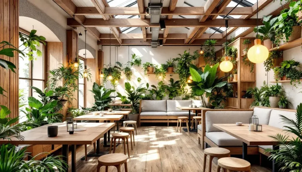 The image depicts a restaurant interior designed with sustainable materials and biophilic elements, showcasing a perfect balance of nature and modern architecture. Lush greenery adorns the walls and furniture, creating a warm and inviting atmosphere for diners.