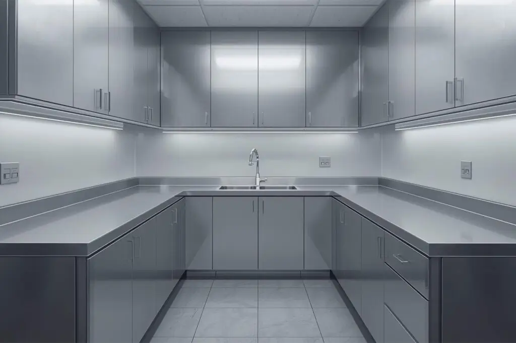 A symmetrical, U-shaped modern pantry or utility kitchen featuring sleek grey cabinetry, stainless steel countertops, and a central sink.