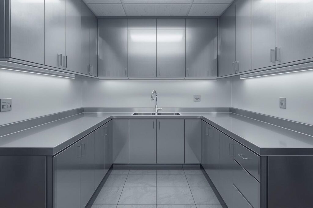 A symmetrical, U-shaped modern pantry or utility kitchen featuring sleek grey cabinetry, stainless steel countertops, and a central sink.