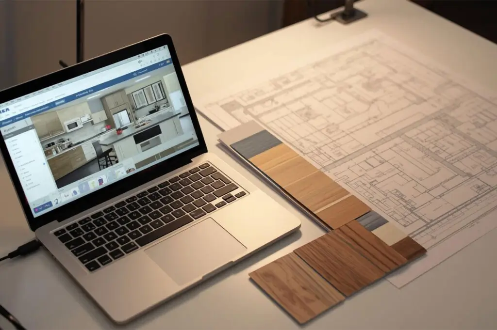 A workspace featuring a laptop displaying 3D kitchen design software, sitting next to architectural blueprints and wood material samples.