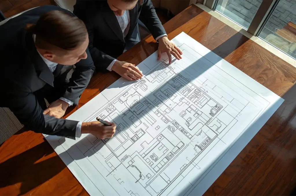High-angle view of two business professionals or designers in suits reviewing and marking a large detailed floor plan blueprint on a wooden table.