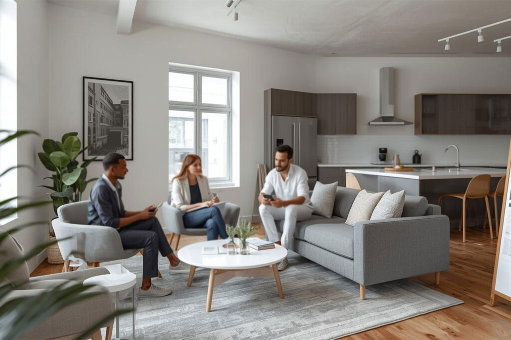 An interior designer having a discussion with a couple in a modern living room with gray furniture, reviewing renovation plans on a tablet.