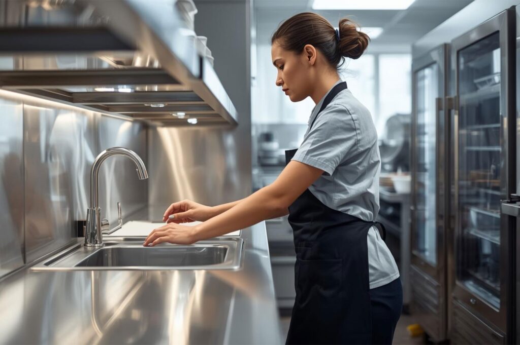 A female kitchen staff member in a black apron washing her hands at a stainless steel sink station in a professional kitchen.