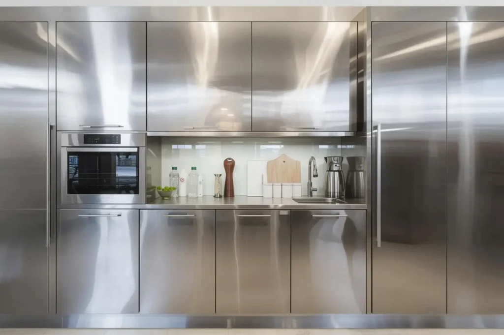 Modern kitchen featuring wall-to-wall stainless steel cabinets, integrated appliances, and a minimalist countertop with a small sink.