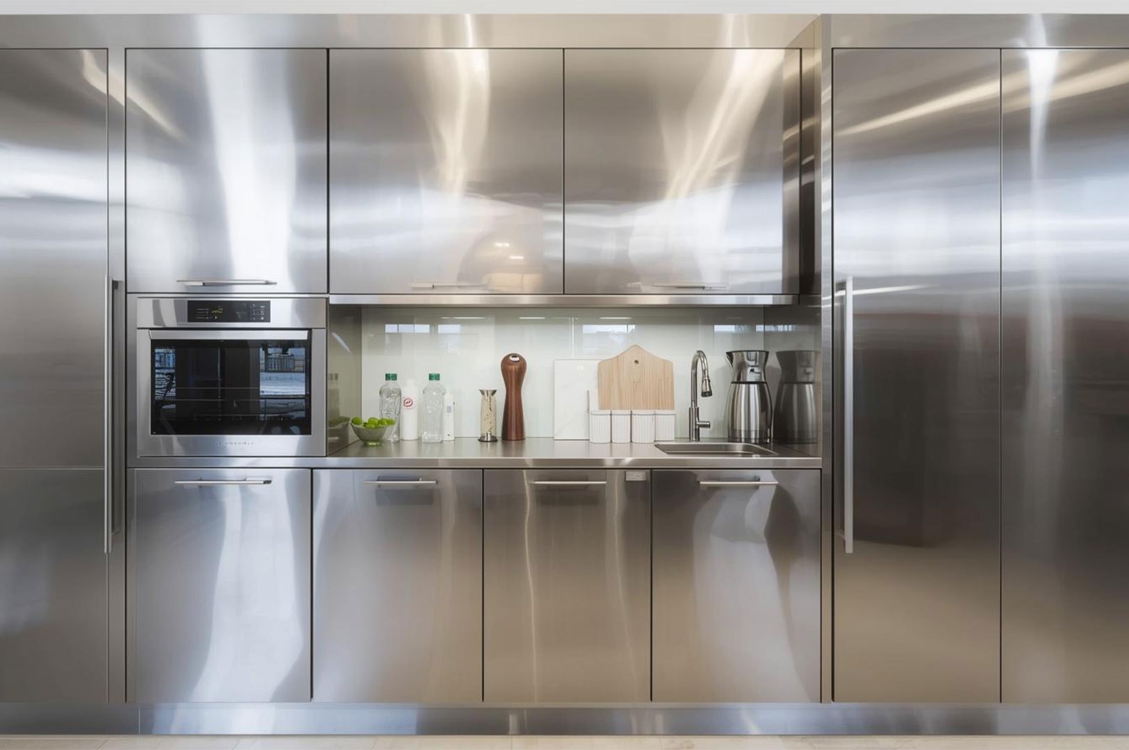 Modern kitchen featuring wall-to-wall stainless steel cabinets, integrated appliances, and a minimalist countertop with a small sink.
