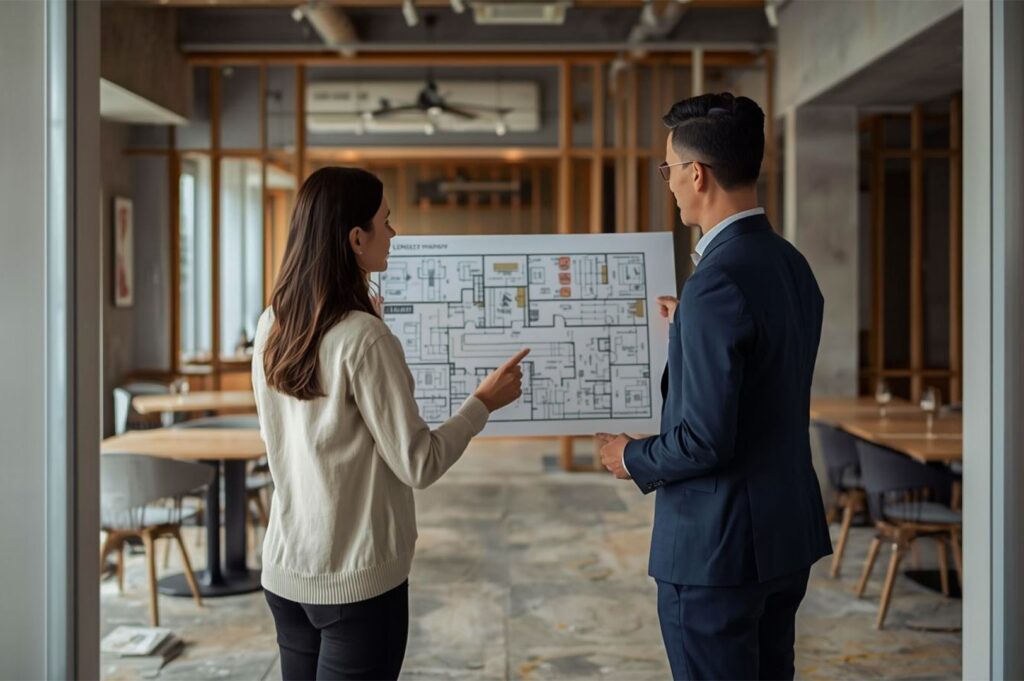 Two design professionals standing in an unfinished commercial space, pointing at and discussing a large architectural blueprint and floor plan layout.