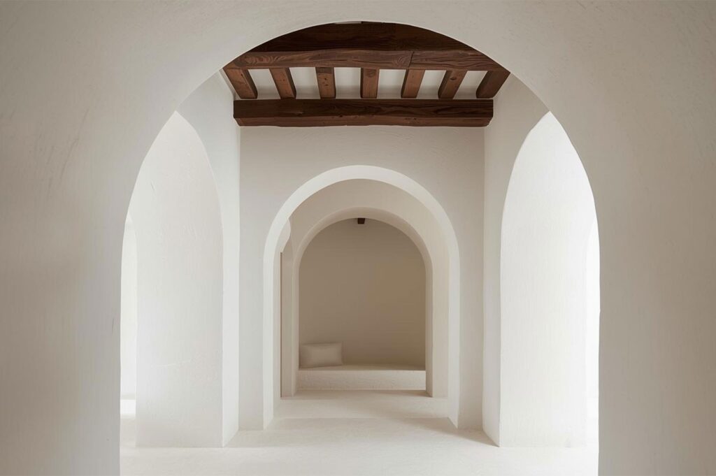 Minimalist white interior hallway featuring traditional Cycladic arches and exposed dark wooden ceiling beams.