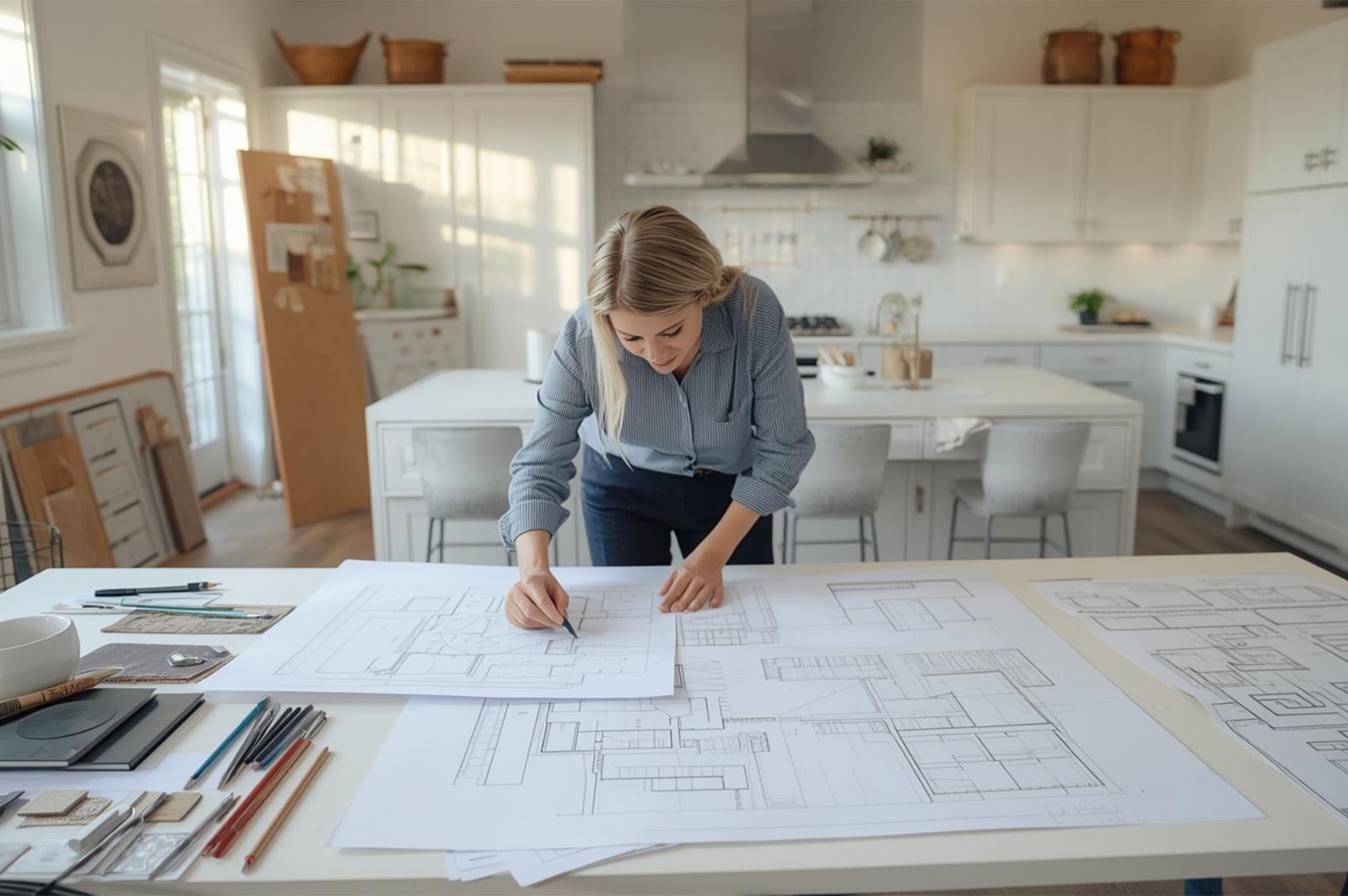 Female designer or architect in a bright, modern kitchen drawing and making notes on a large floor plan blueprint spread on a table.