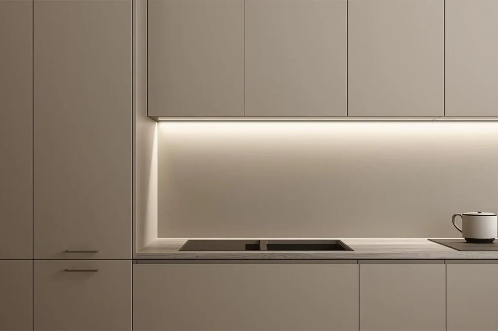 Minimalist kitchen design featuring seamless, handleless, light beige upper and lower cabinets, an induction cooktop, and warm LED strip lighting under the upper cabinets.