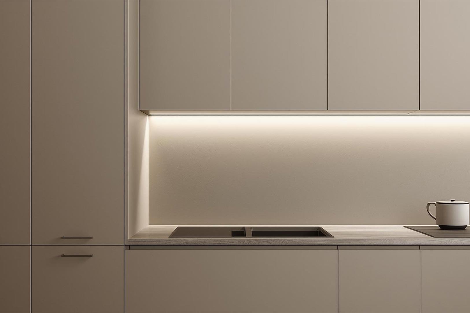 Minimalist kitchen design featuring seamless, handleless, light beige upper and lower cabinets, an induction cooktop, and warm LED strip lighting under the upper cabinets.