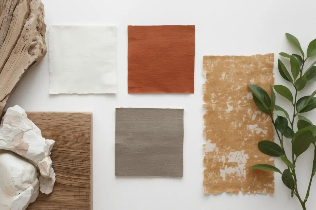 Interior design flat lay mood board featuring earth-toned fabric swatches, raw driftwood, white stone, and green leaves.